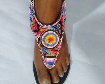 Multicolor African beaded gradiator,women boho, sandals women leather,sandals women Africa,thong sandals, flip flops,handmade summer sandals