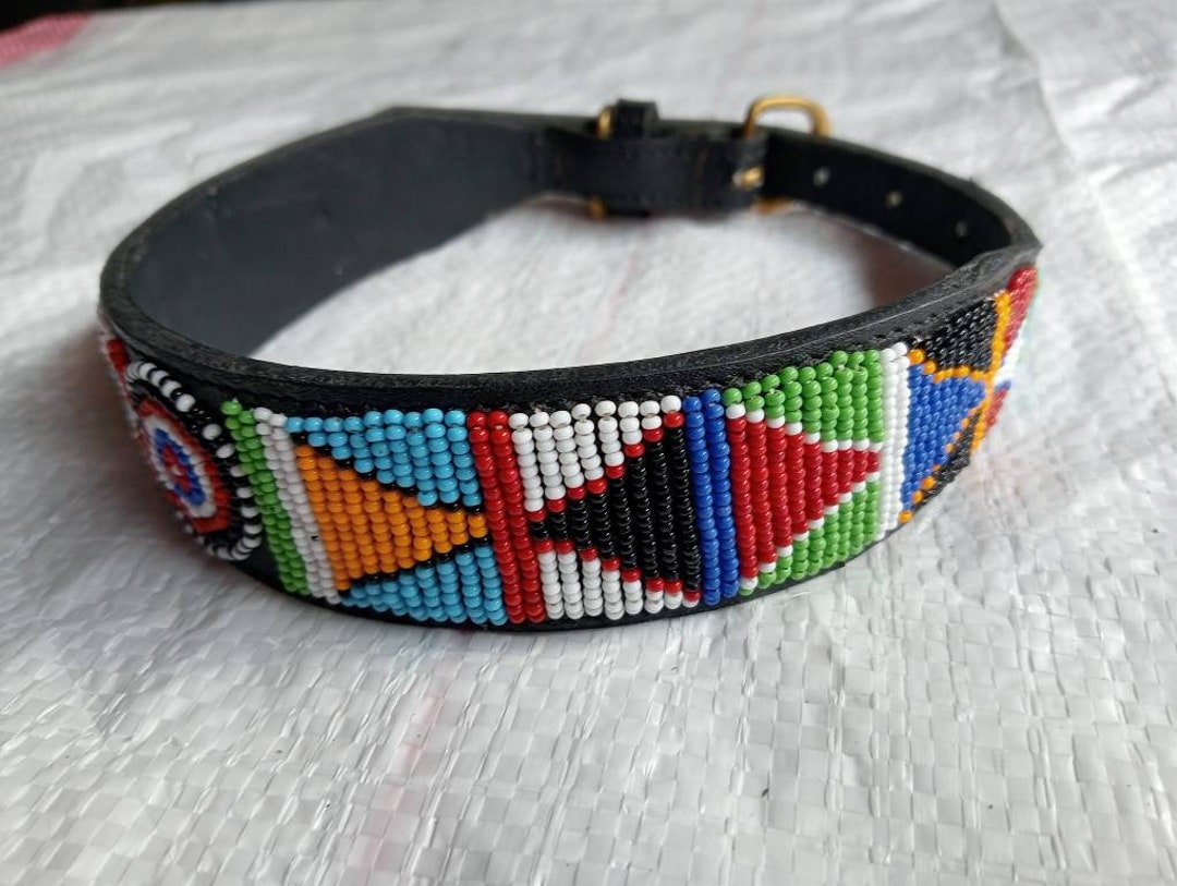African Beaded Leather Dog Collar, Maasai Handmade Dog Collar