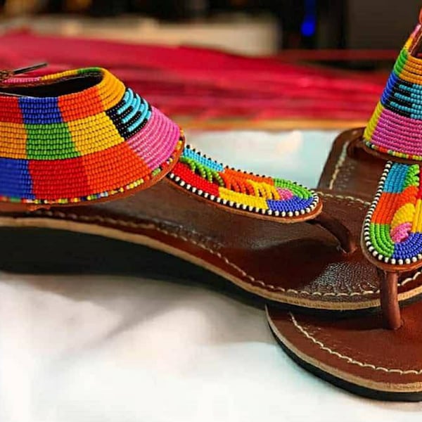 Multicolor African beaded gradiator,wedge Sandals, women shoes, wedding and gifts sandal, handmade summer sandal, leather sandal woman boho
