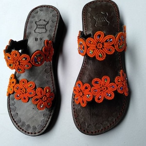 Orange African beaded wedge,women shoes,boho sandals,her gifts,handmade sandals,leather sandals,Kenyan Maasai sandal,flip flop summer sandal