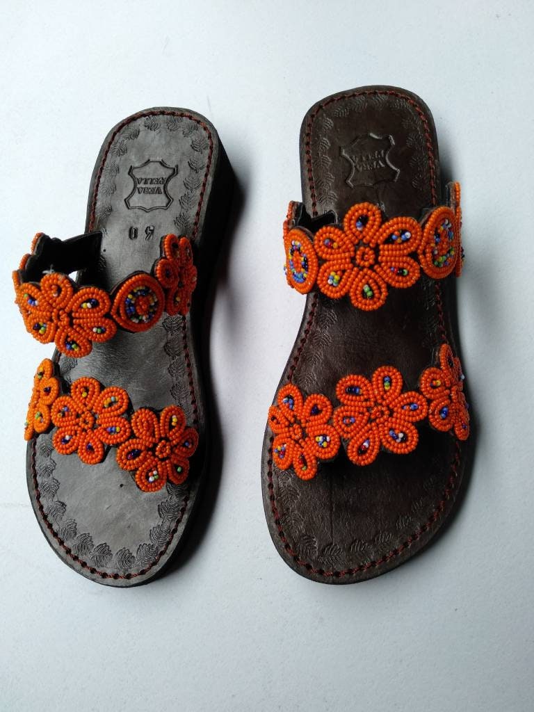 Orange African Beaded Wedge,women Shoes,boho Sandals,her Gifts,handmade Sandals,leather Sandals