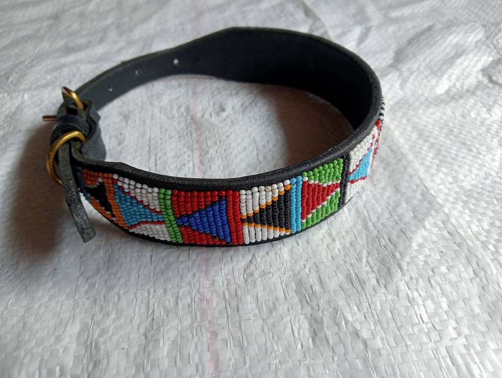 African Beaded Leather Dog Collar, Maasai Handmade Dog Collar