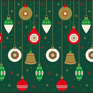 May include: A seamless pattern of Christmas ornaments hanging from strings on a green background. The ornaments are red, gold, white, and green with various designs. There are also snowflakes and stars scattered throughout the pattern.