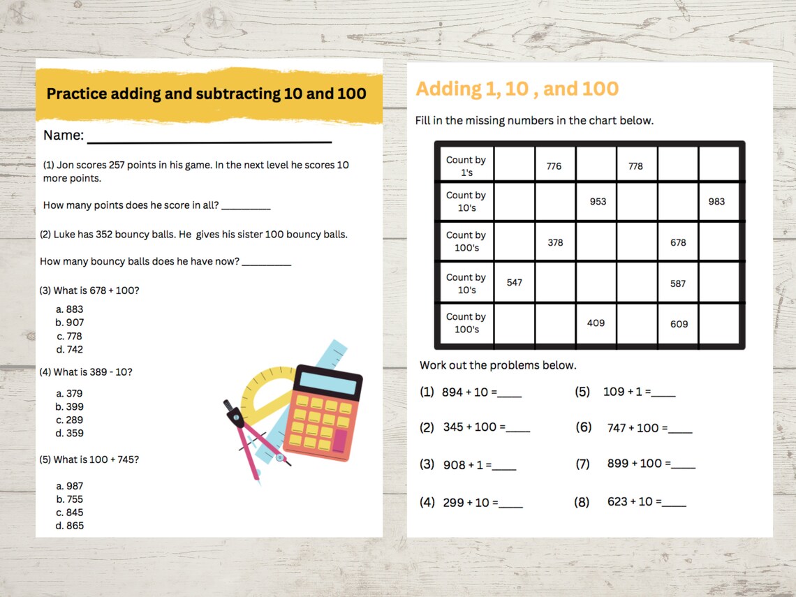 Adding 1, 10, and 100 Worksheets - Etsy