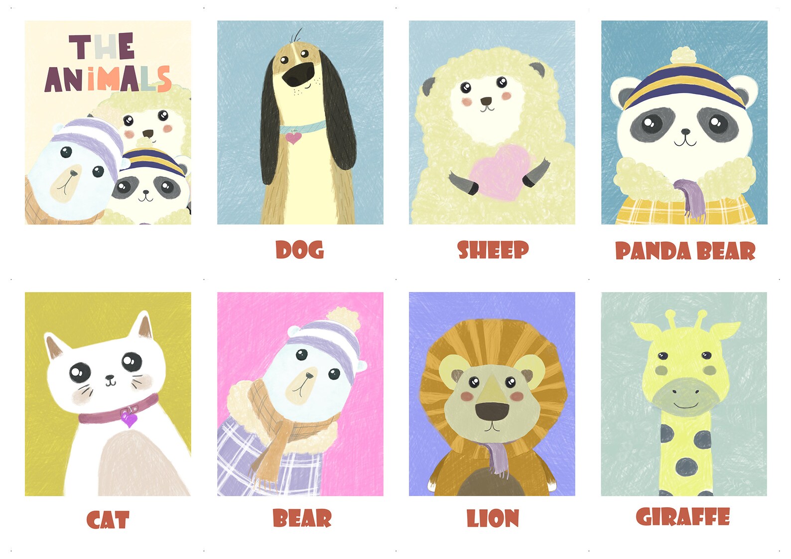 Animals polaroid Printable illustrations Flashcards for | Etsy