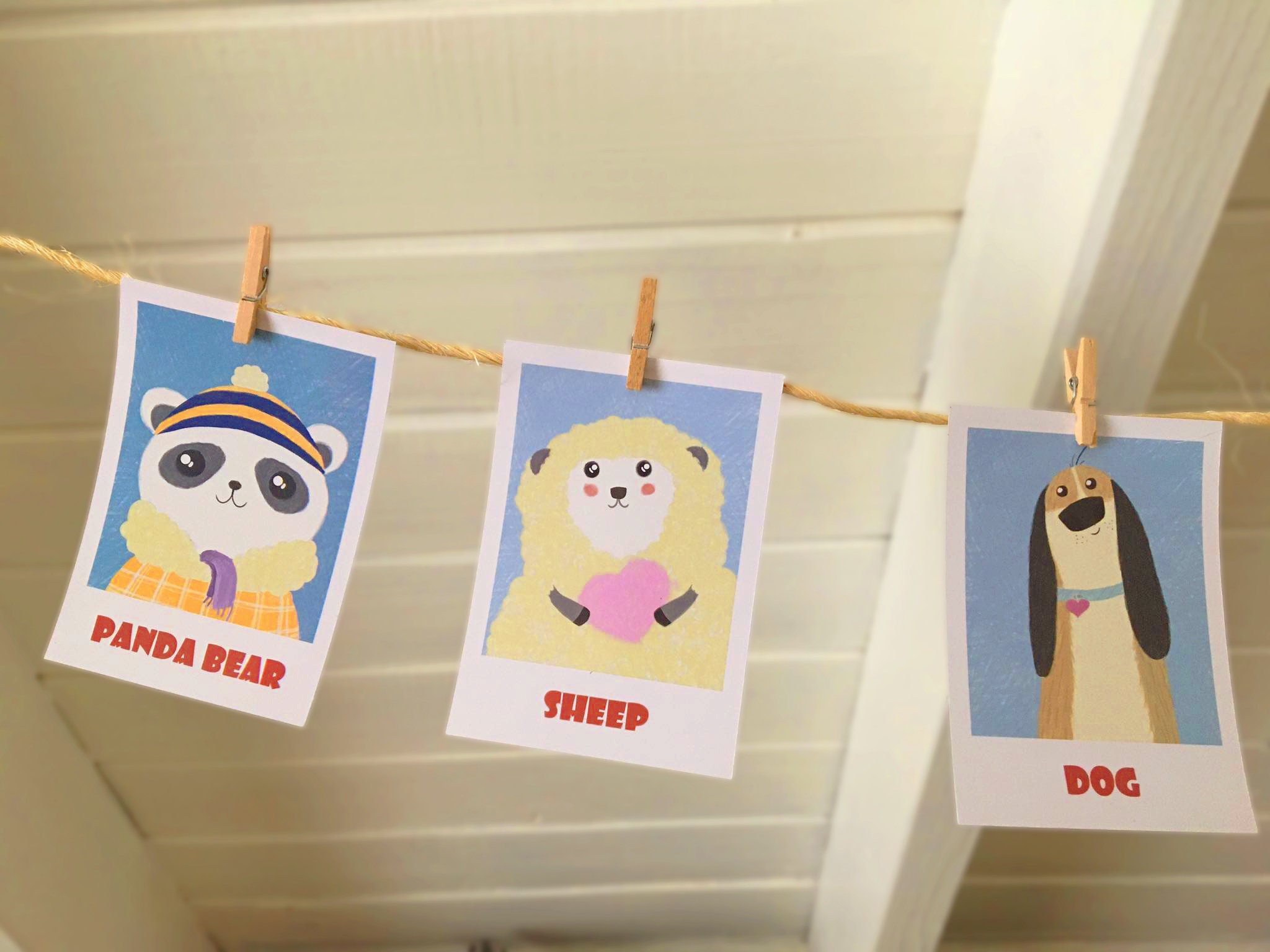 Animals polaroid Printable illustrations Flashcards for | Etsy