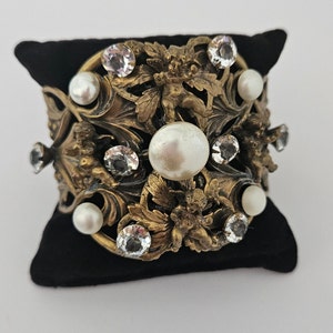 Vintage Joseff of Hollywood Cherub Cuff Bracelet: Faux Pearl & Crystal