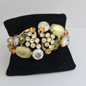 Vintage Clamper Bracelet: Multicolored Crystals, Goldtone Statement Piece