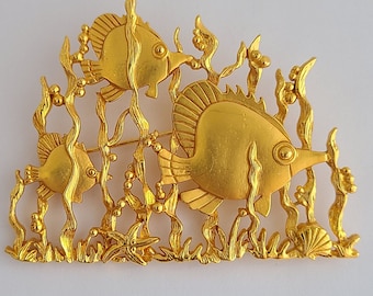 ヴィンテージ JJ ブローチ 魚の水中シーン Jonette Jewelry サイン入り