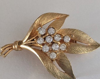 Vintage JJ Brooch Leaves  Brushed Goldtone and Clear Colored Crystals