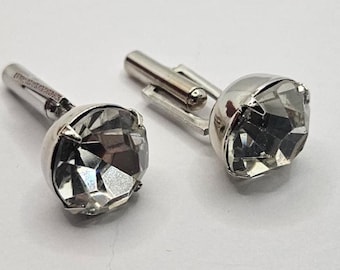 Vintage Cufflinks:  massive Clear Color Crystal & Silvertone Metal