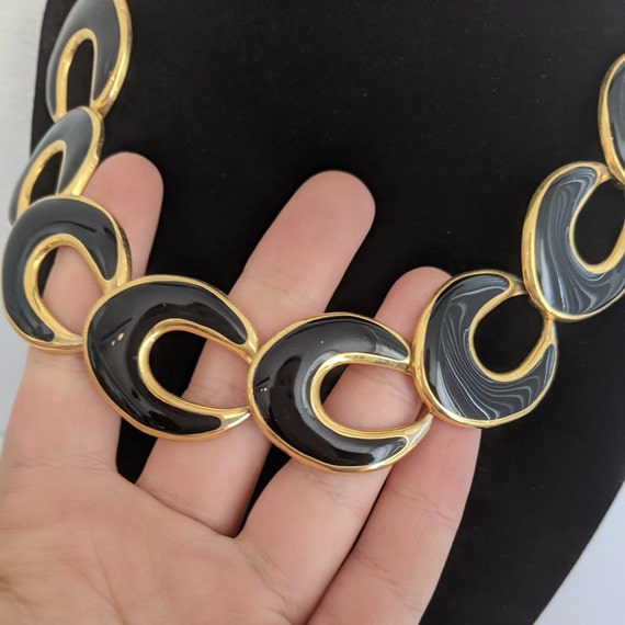 Vintage Necklace Black Enamel Goldtone  Large Ova… - image 3