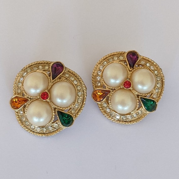 Vintage Clip-on earrings Faux Pearls Multicolored… - image 1