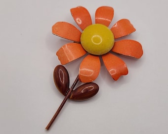 Vintage Flower Lisner Brooch Bright Yellow, Orange and Brown Metal Brooch