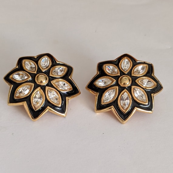 Clips (barrettes) Vintage Bronze Doré Et émail Noir - Bijou Français - Occasion Très Bon état