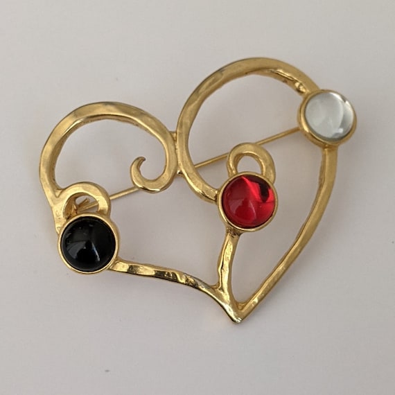 Vintage Brooch Heart Goldtone Metal Multi-Colored… - image 1