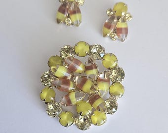 Vintage Juliana-Style SET: Bright Yellow Artisan Crystals Brooch & Clip-on Earrings