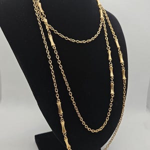 Vintage Chain Necklace Goldtone Metal Textured Bamboo Goldtone Beads