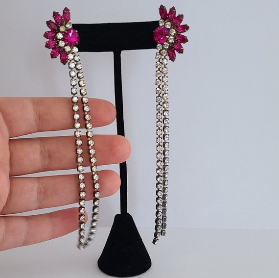 Vintage Massive Drop Earrings Fuchsia Pink and Cl… - image 3