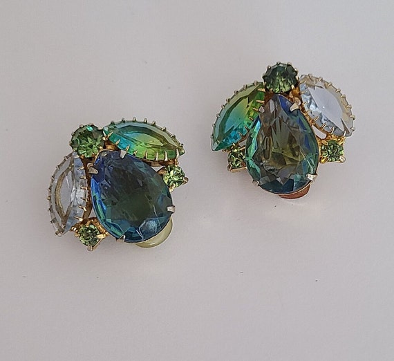 Vintage Clip-on Earrings Massive Blue and Green C… - image 1