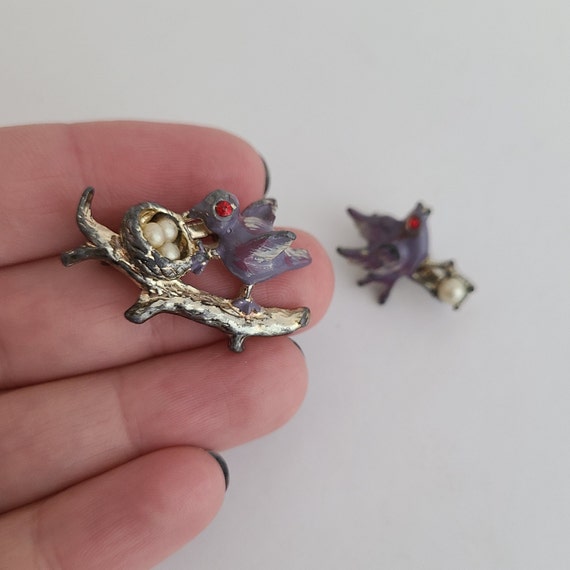 Vintage Duo Brooch Matching Enamel Birds with Fau… - image 3