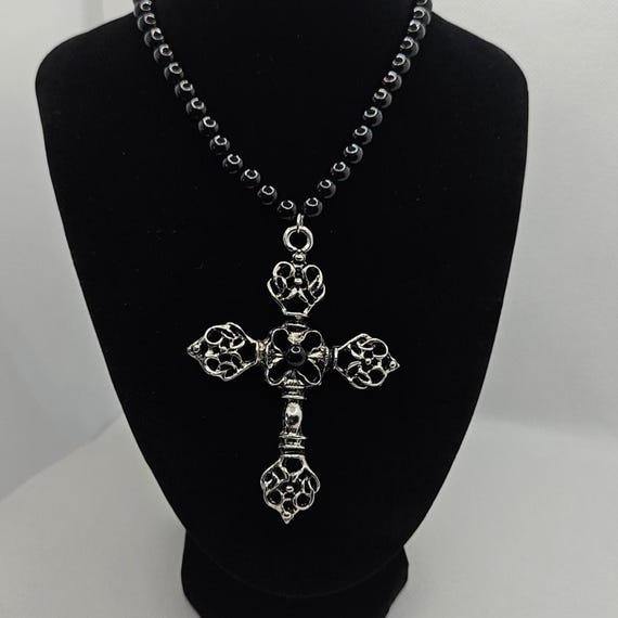 Vintage Articulate Cross Pendant Textured Silvertone Cross Black Beads