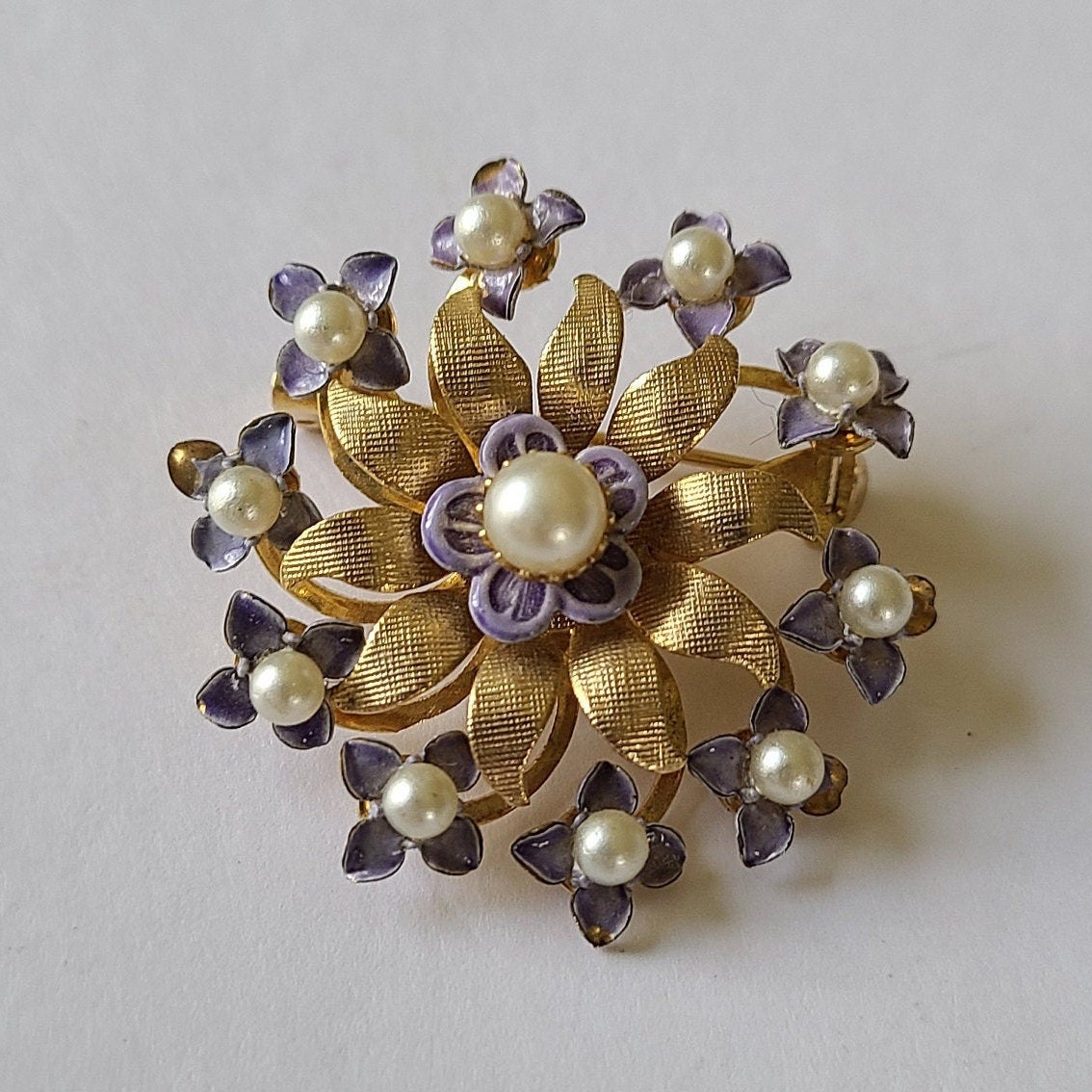 Broche Vintage Animalière Hirondelle - Or, émail Rose Violine, Parfait état, Bijou Fantaisie Femme