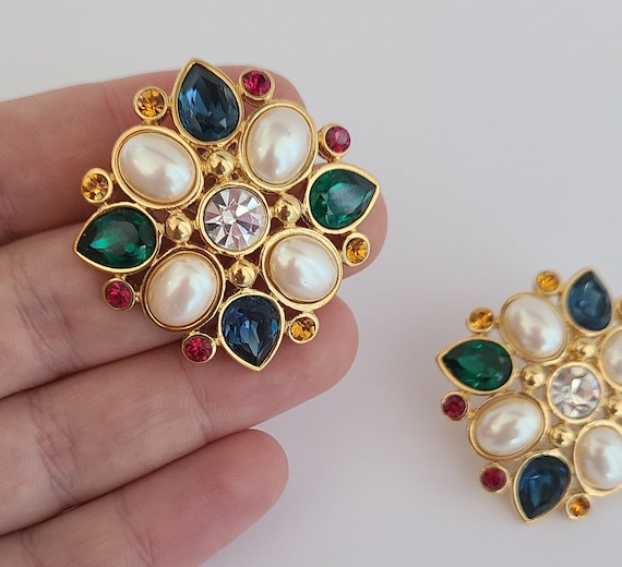 Vintage Stunning Stud Earrings Faux Pearls Multic… - image 3