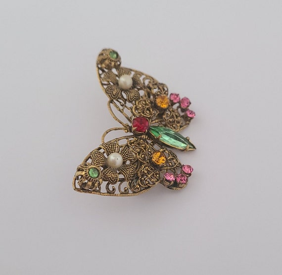 Vintage Butterfly Brooch Antique Goldtone Metal C… - image 8