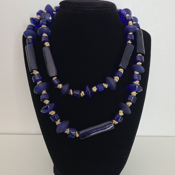 Vintage Artisan Blue Glass Beaded Necklace Handmade G - Gem