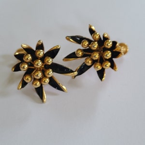 Vintage Marvella Earrings  Clipon Floral Design Goldtone Metal with Black Enamel