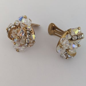 Vintage Clip on Earrings Aurora Borealis Crystals Goldtone Beads Clear Color Crystals