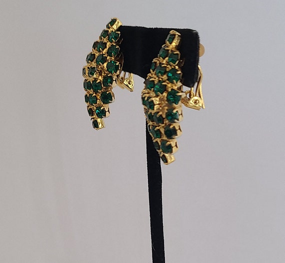 Vintage Clipon Earrings Vibrant Green Crystals Ma… - image 2
