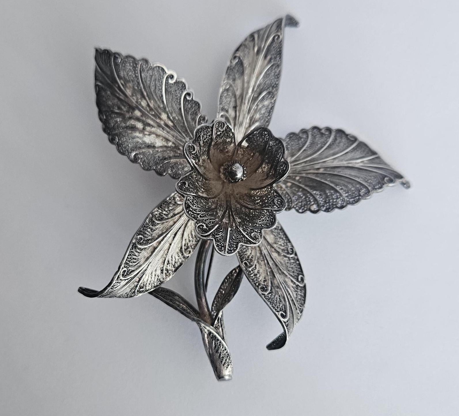 Vintage Sterling Silver Filigree Orchid Brooch - Signed Portugal