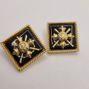 Vintage Runway Clip On Earrings: Heraldic Black Enamel, Bold Design