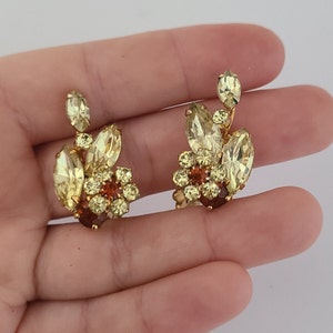 Vintage Vendome Clip-on Earrings Floral Design Goldtone Metal with Lemon and Orange Crystals