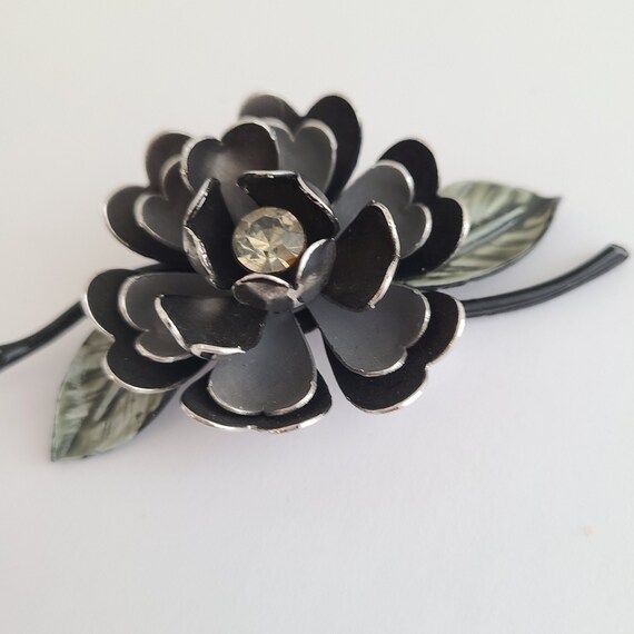 Vintage Coro Brooch Flower Black, Gray and Green … - image 3