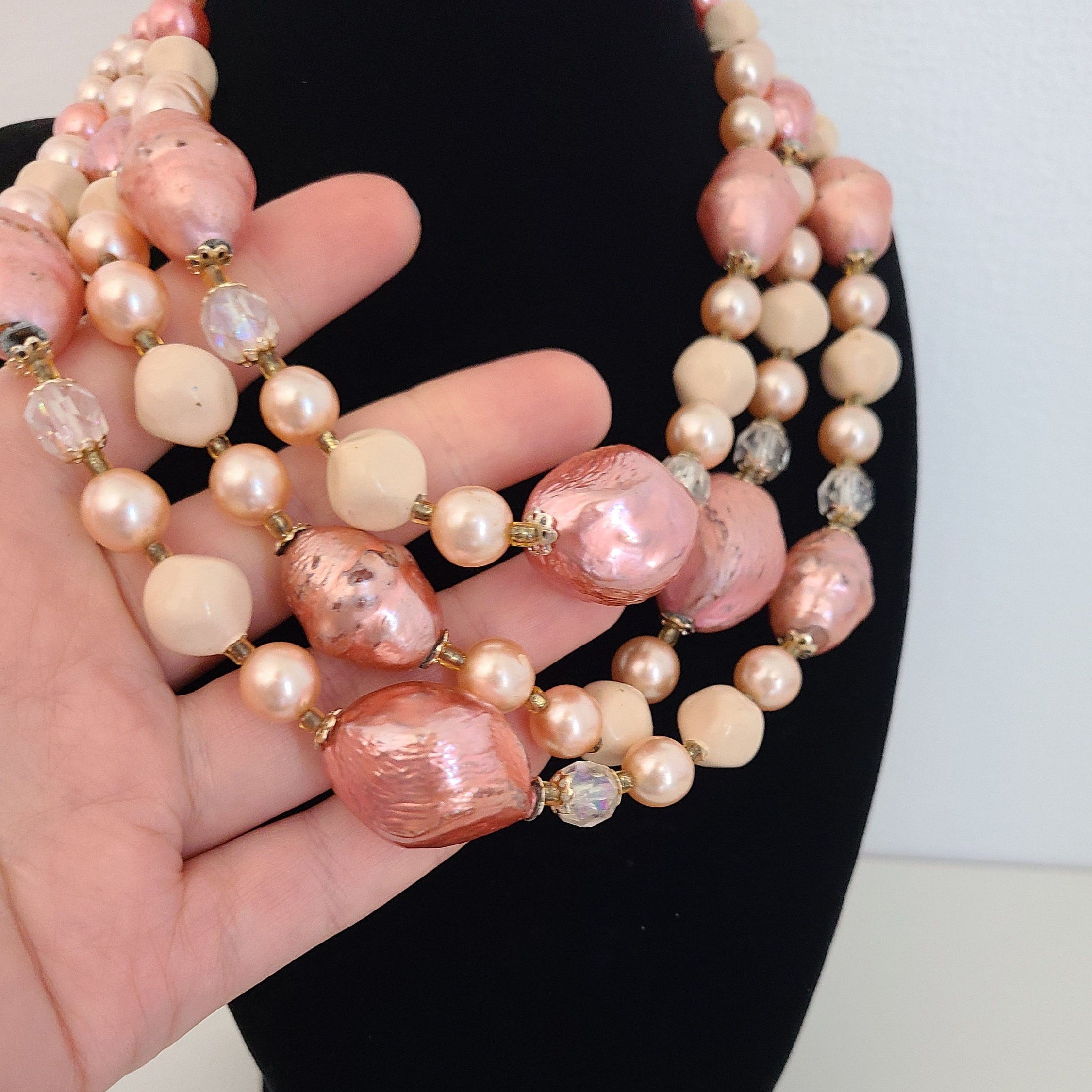 Vintage Japan Art Bead Necklace Iridescent Glass Wood Pearl Double Strand Vintage Japan Necklace Multicolored Multidimensional Pink  main image 2