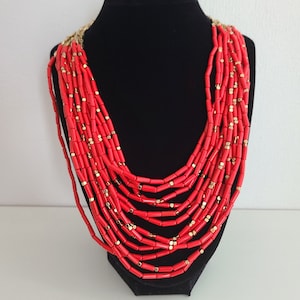 Retired BIB Necklace Faux Corals Multistrand Red Coral Beads and Stunning Goldtone Clasp
