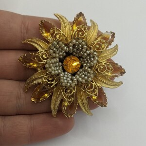 Vintage Brooch Multilayered Flower Yellow Crystals Goldtone Metal  Seed Pearls