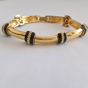 Vintage St. John Link Bracelet Gold-plated with Black Enamel 8.5&quot; long  Couture Designer signed