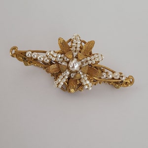 Exquisite Vintage Miriam Haskell Brooch Articulated Goldtone Metal Pearls signed Miriam Haskell
