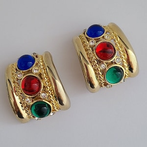 Vintage Clip-on Earrings 80s Colorful Cabochons Goldtone Metal
