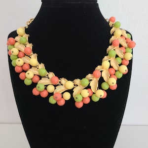 Vintage Necklace Textured Goldtone Metal Leaves with Ceramic  Red, Yellow, Green Beads Statement Necklace