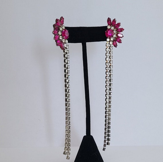 Vintage Massive Drop Earrings Fuchsia Pink and Cl… - image 1