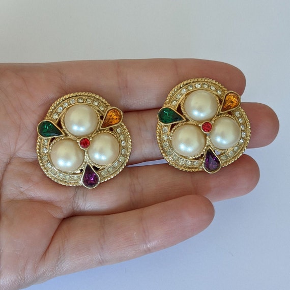 Vintage Clip-on earrings Faux Pearls Multicolored… - image 4