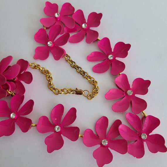Vintage Floral Necklace Pink Enamel Metal Flowers… - image 7