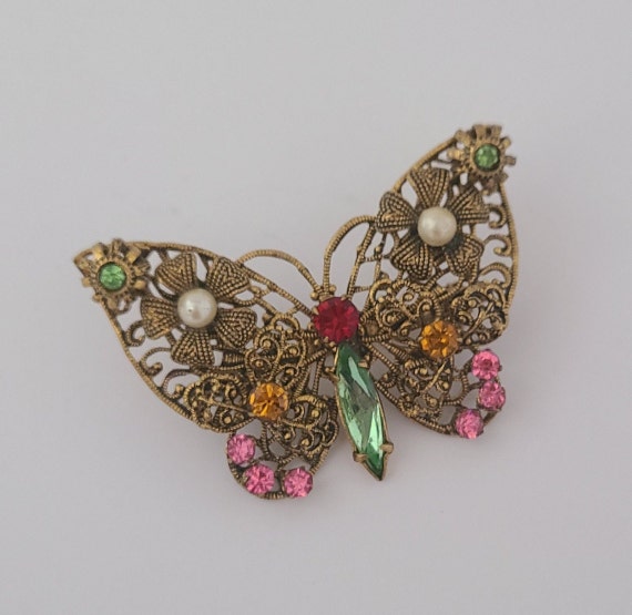 Vintage Butterfly Brooch Antique Goldtone Metal C… - image 1