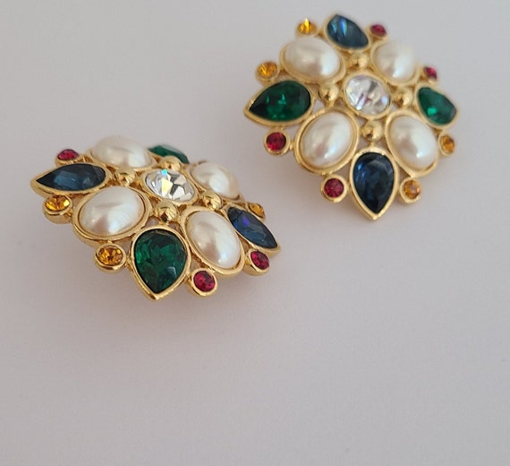 Vintage Stunning Stud Earrings Faux Pearls Multic… - image 4