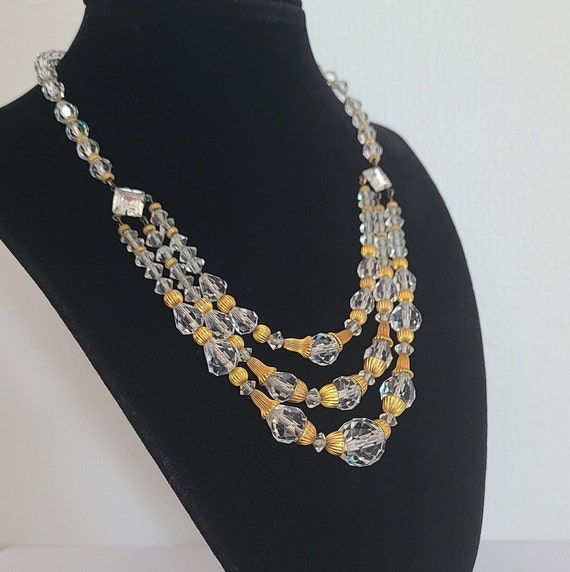 Vintage Necklace Three-Strand Necklace Crystals and Goldtone Beads